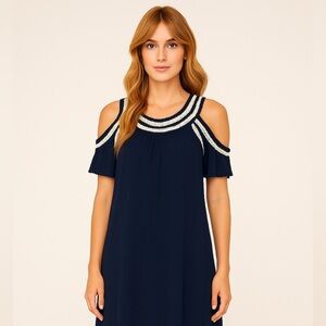 Navy Blue
& White Crochet Trim Sleeveless Dress | Size L | Elegant & Classy